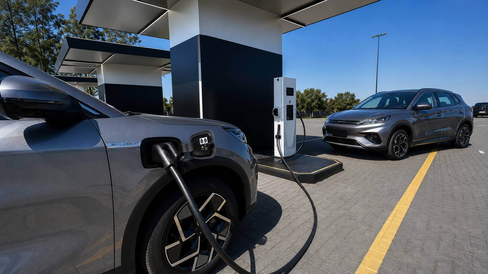 Um SUV elétrico BYD cinza plugado e carregando em um eletroposto, com o cabo conectado à porta de carga na dianteira. Ao lado, outro SUV BYD cinza visto de frente e um totem de recarga, num pátio ensolarado.