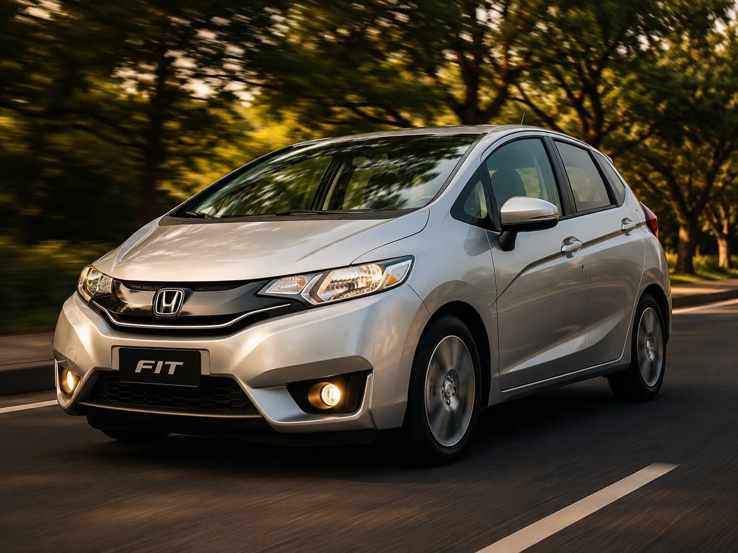 Honda Fit prata de terceira geracao visto de tres quartos dianteiro em movimento numa estrada arborizada, com o emblema Honda na grade, farois de neblina acesos e a placa escrita FIT.
