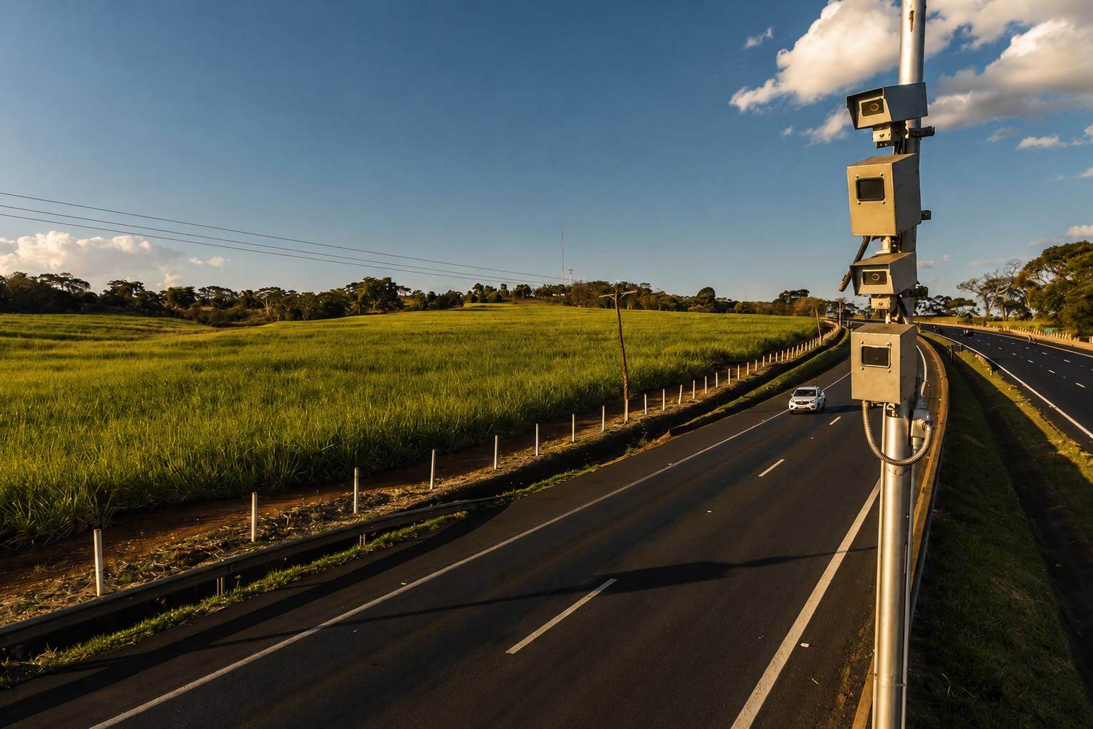Um radar de fiscalização de trânsito montado em um poste na beira de uma rodovia brasileira, com várias câmeras apontadas para a pista. Ao fundo, campos verdes, céu azul de fim de tarde e um carro branco se aproximando pela estrada.