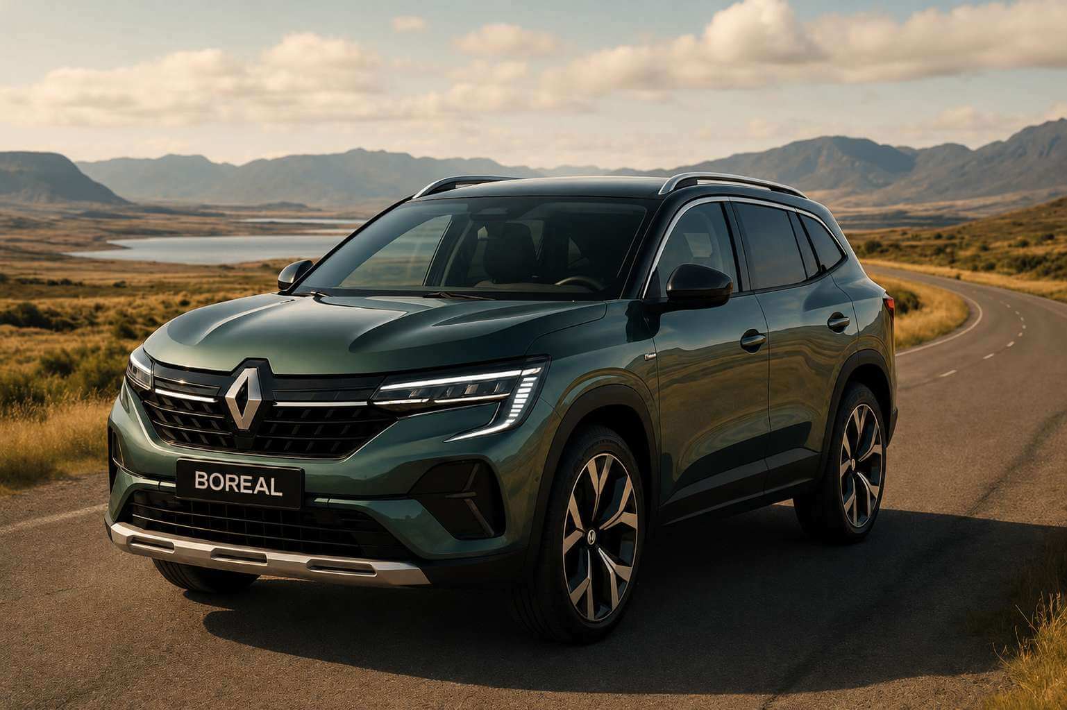 Renault Boreal, SUV médio, em três quartos dianteiro, na cor verde-escuro, parado numa estrada de asfalto que serpenteia por uma paisagem de campo aberto com lago e montanhas ao fundo sob céu nublado; grade frontal com o losango da Renault, faróis de LED em assinatura vertical e a inscrição BOREAL na placa dianteira.