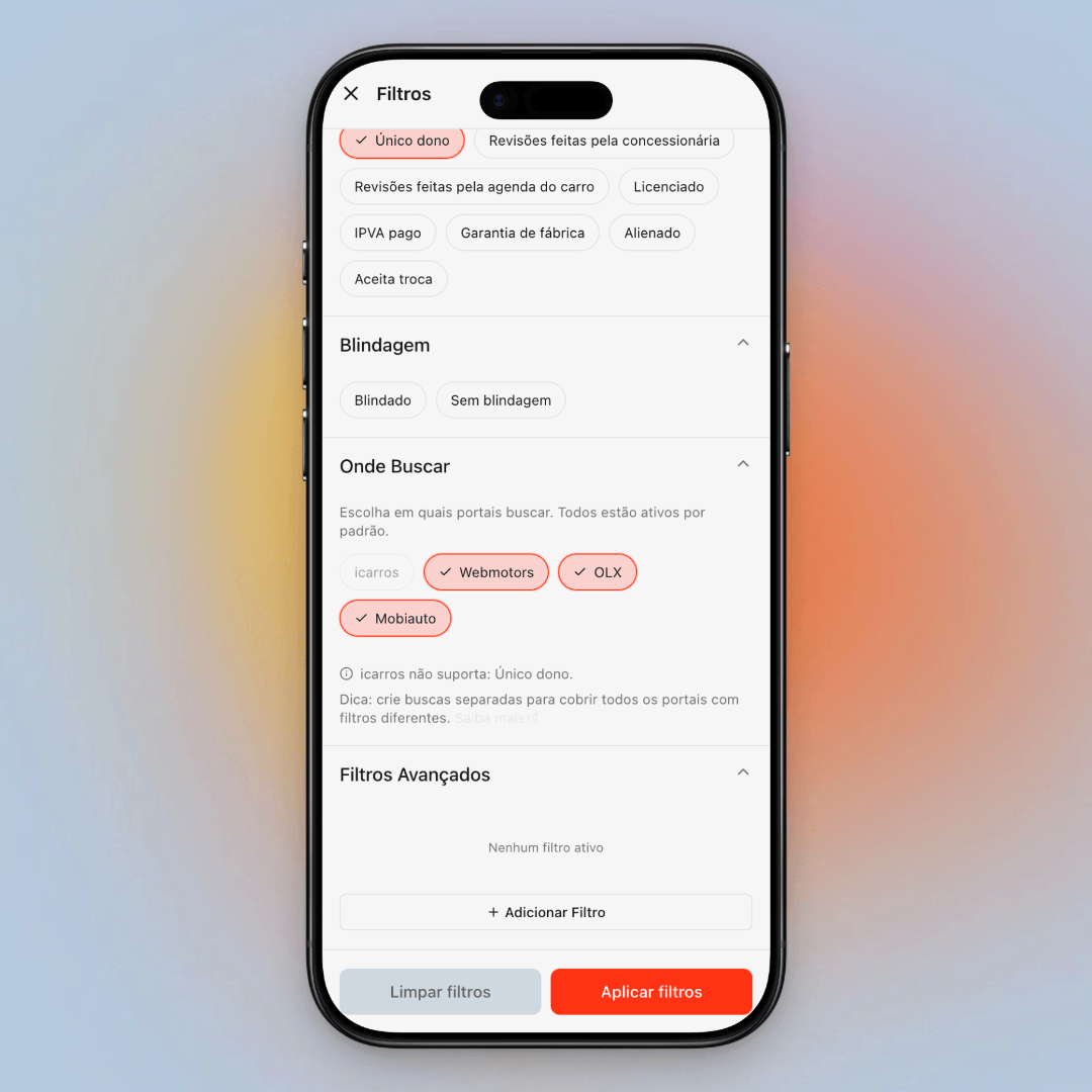 A mesma tela no celular, com o aviso de que o icarros não suporta o filtro escolhido
