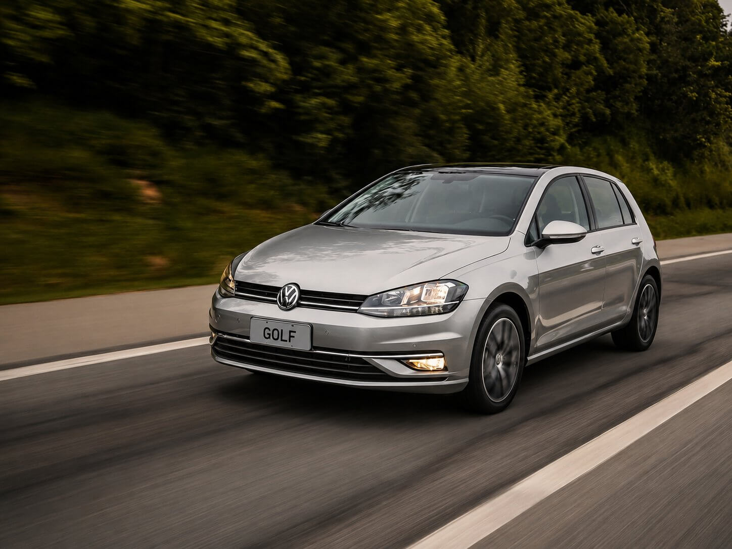 Volkswagen Golf Highline prata, geração 2016-2019 (Mk7.5), visto de frente em três quartos em movimento numa rodovia arborizada ao entardecer; grade dianteira com o logo da VW, faróis de LED acesos e placa escrita GOLF.